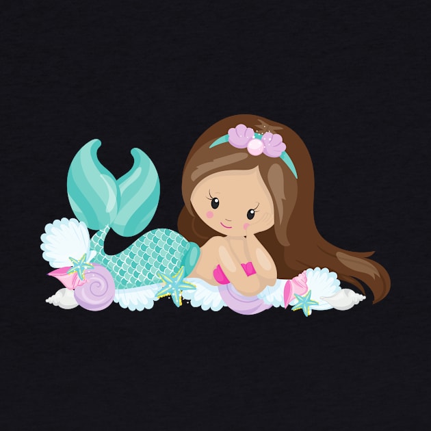 Little Mermaid, Cute Mermaid, Shells, Brown Hair by Jelena Dunčević